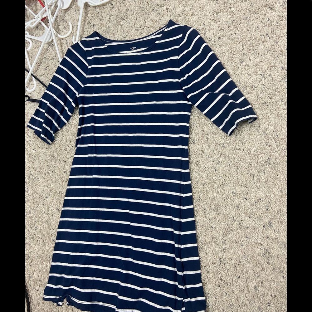 blue and white striped dress